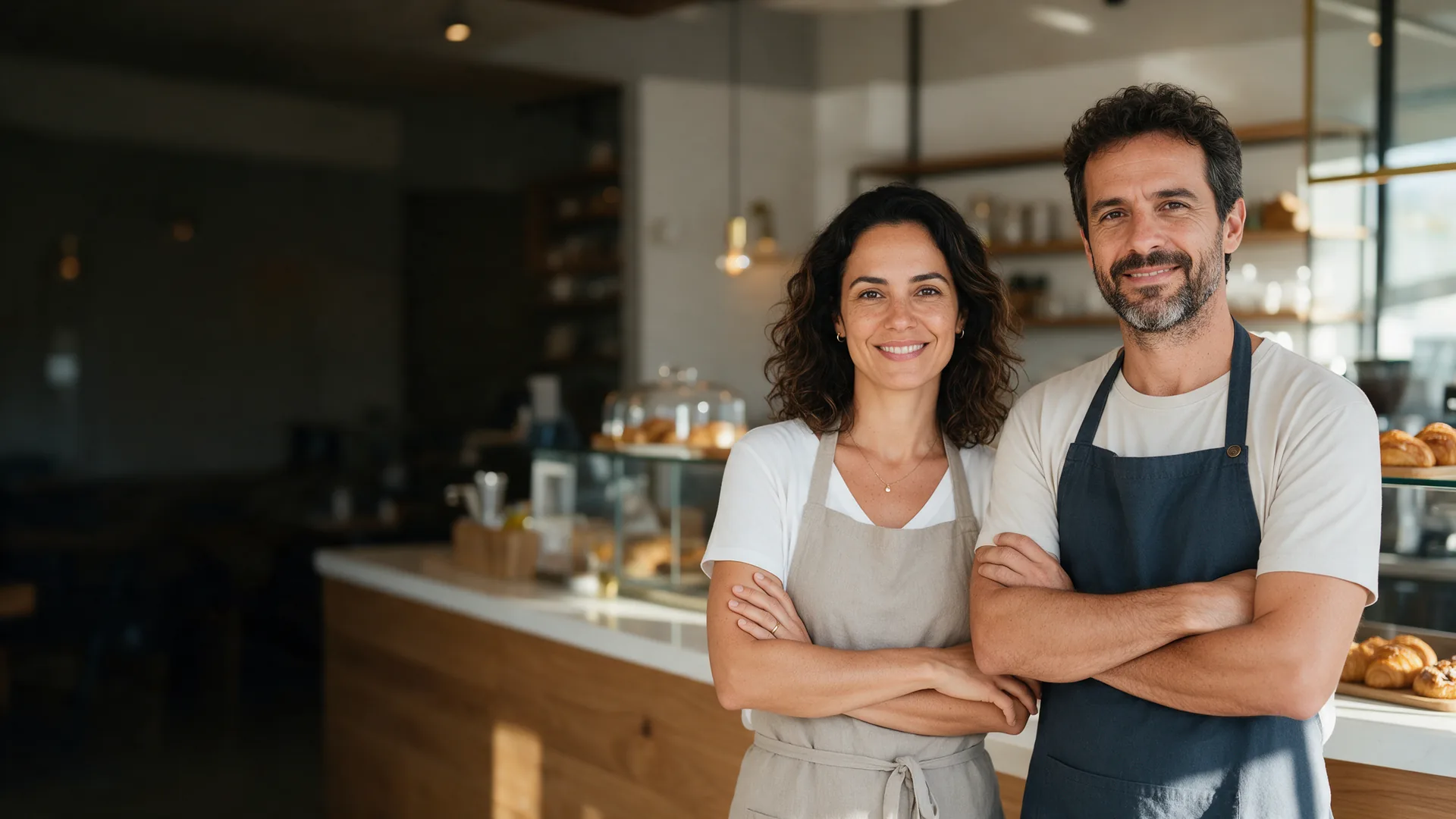 Casal de empresários de braços cruzados, sorrindo, dentro da própria cafeteria