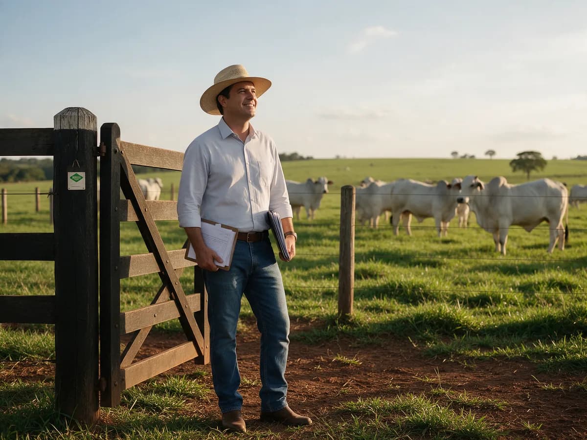 Empresário do agro na porteira da fazenda, com pasta de documentos e o gado ao fundo, em Barretos.