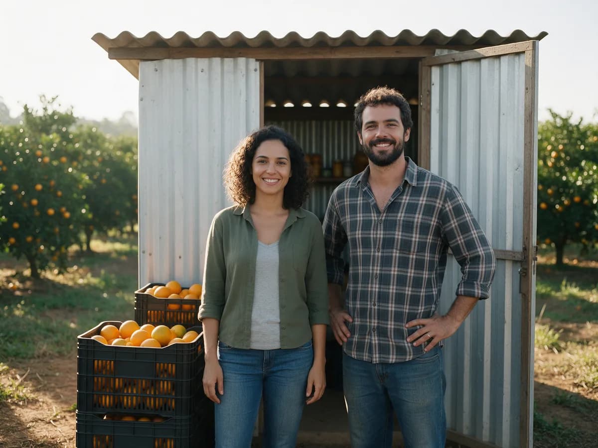 Casal de produtores na entrada do barracão, com caixas de laranja e o pomar ao fundo, em Bebedouro.