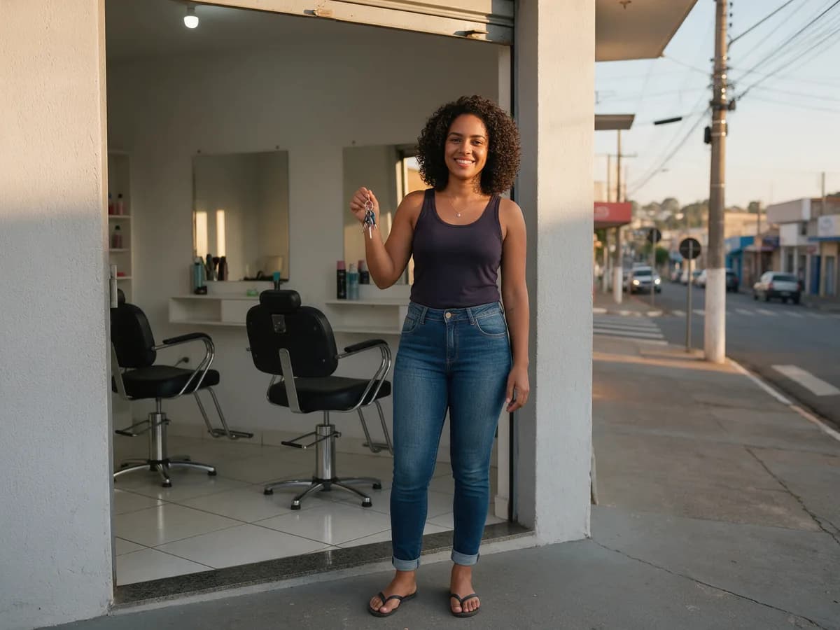 Cabeleireira na porta do salão recém-aberto em Catanduva, com as chaves na mão.