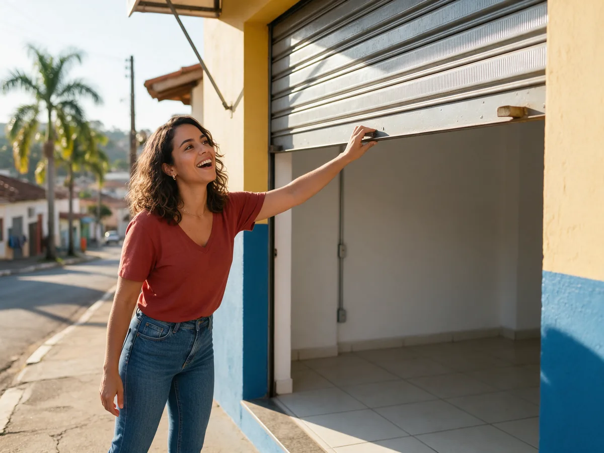 Empreendedora levantando a porta de aço da loja nova, numa rua ensolarada de Olímpia.