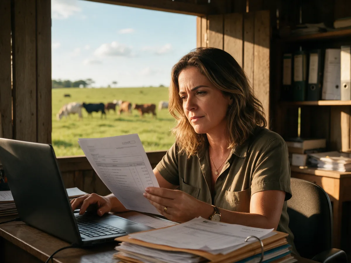 Pecuarista em Barretos, no escritório da fazenda, lendo um documento com o pasto ao fundo.