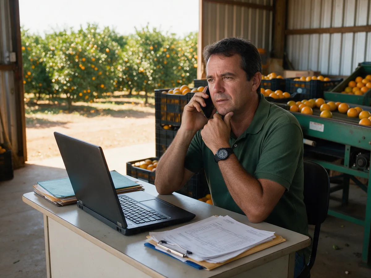 Produtor de laranja em Bebedouro, ao telefone na mesa do barracão, com o pomar à vista.