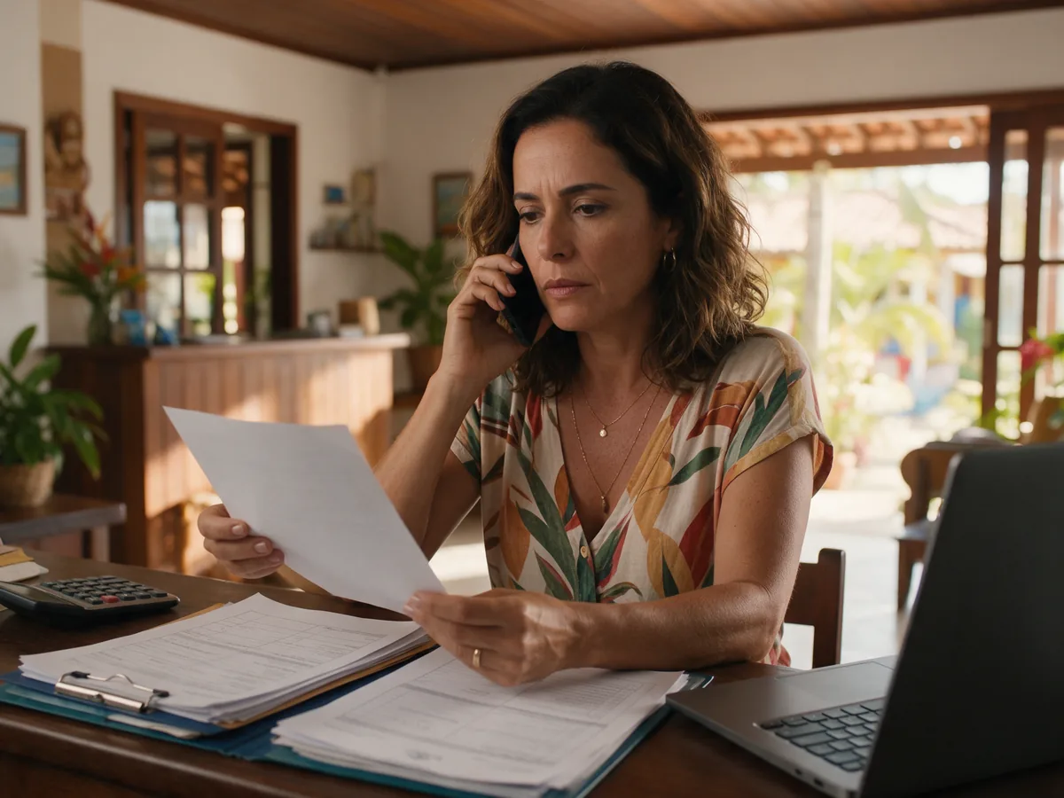 Dona de pousada em Olímpia, na recepção, lendo um documento ao telefone.