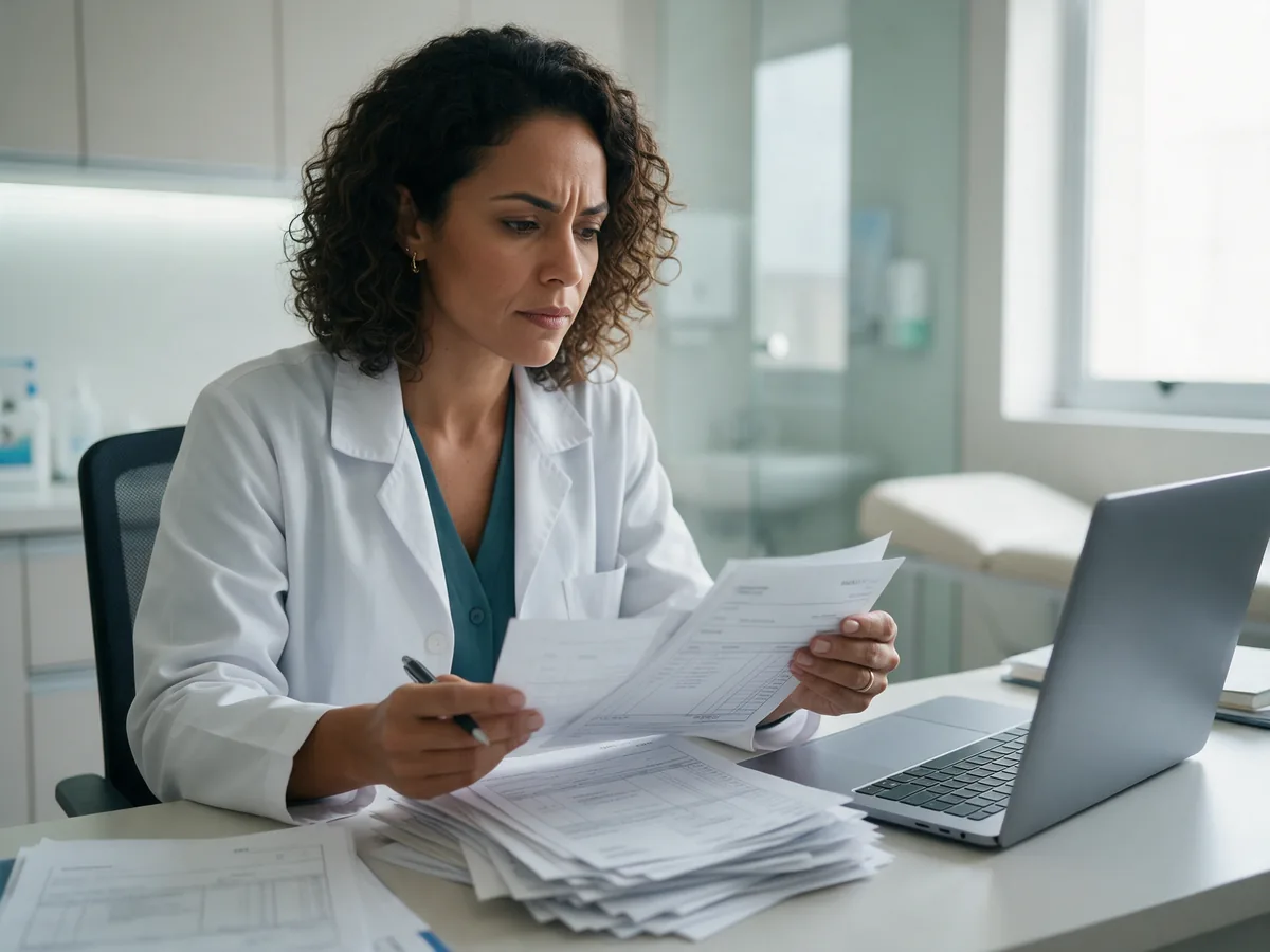 Médica dona de clínica em São José do Rio Preto conferindo notas e guias na mesa administrativa.